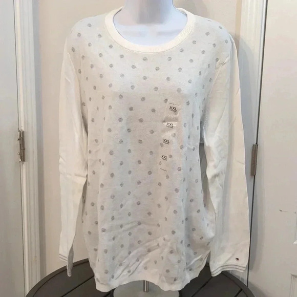 Tommy Hilfiger Women's White Collared Sweatshirt Size Medium Gray Polka Dots - Picture 8 of 12